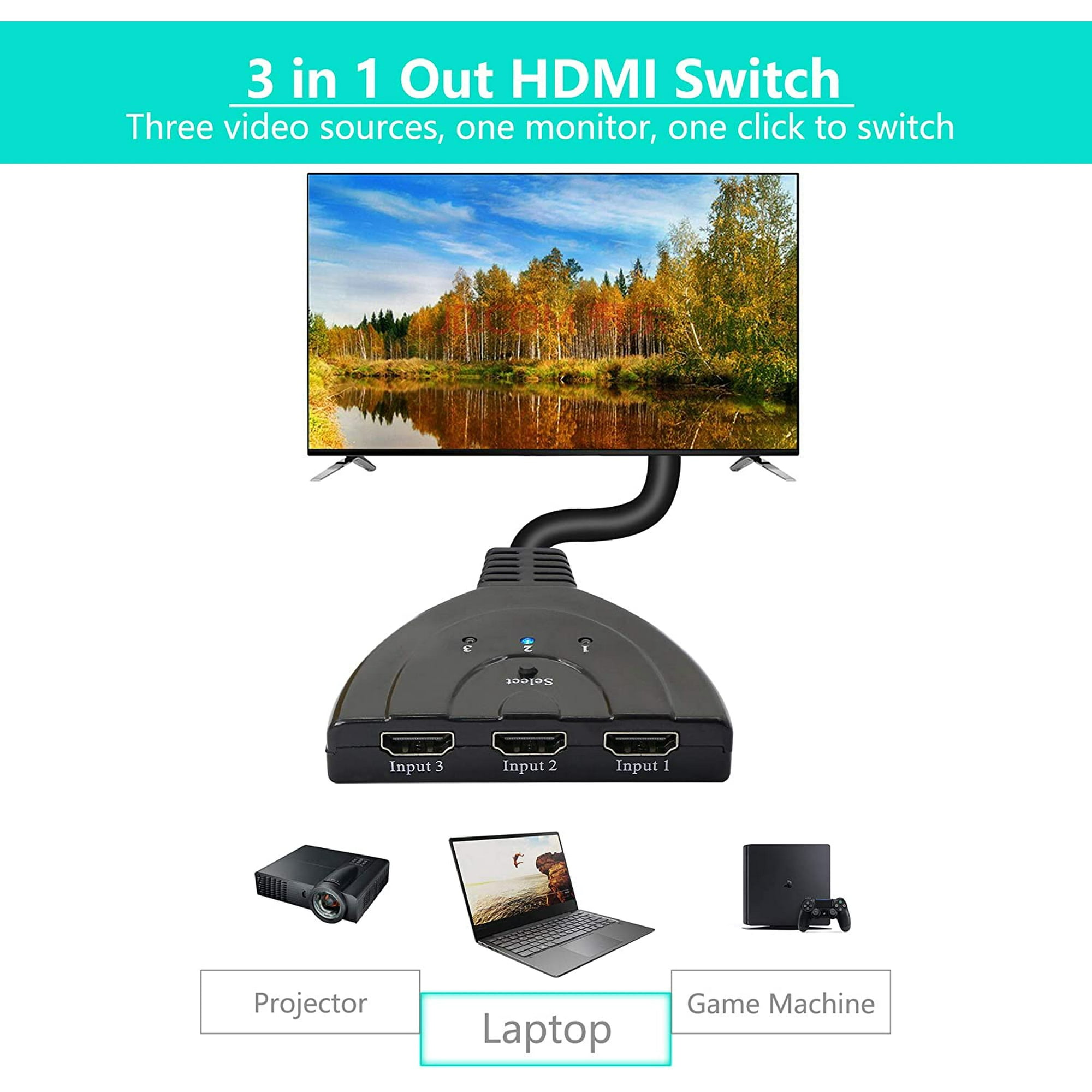 YACSEJAO 3 Port HDMI Switch，HDMI Switch 3 in 1 Out with HDMI Cable，1080P HDMI Splitter Manual HDMI Switcher Plug & Play Manual HDMI Switcher 